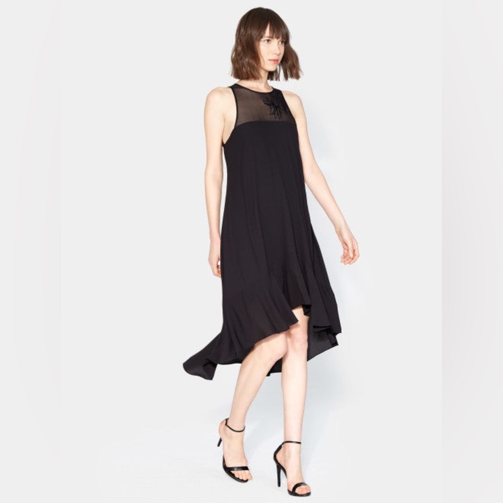 Halston Heritage Black Chiffon Hi-Low Dress Embroidered Sheer Sleeveless Size 4